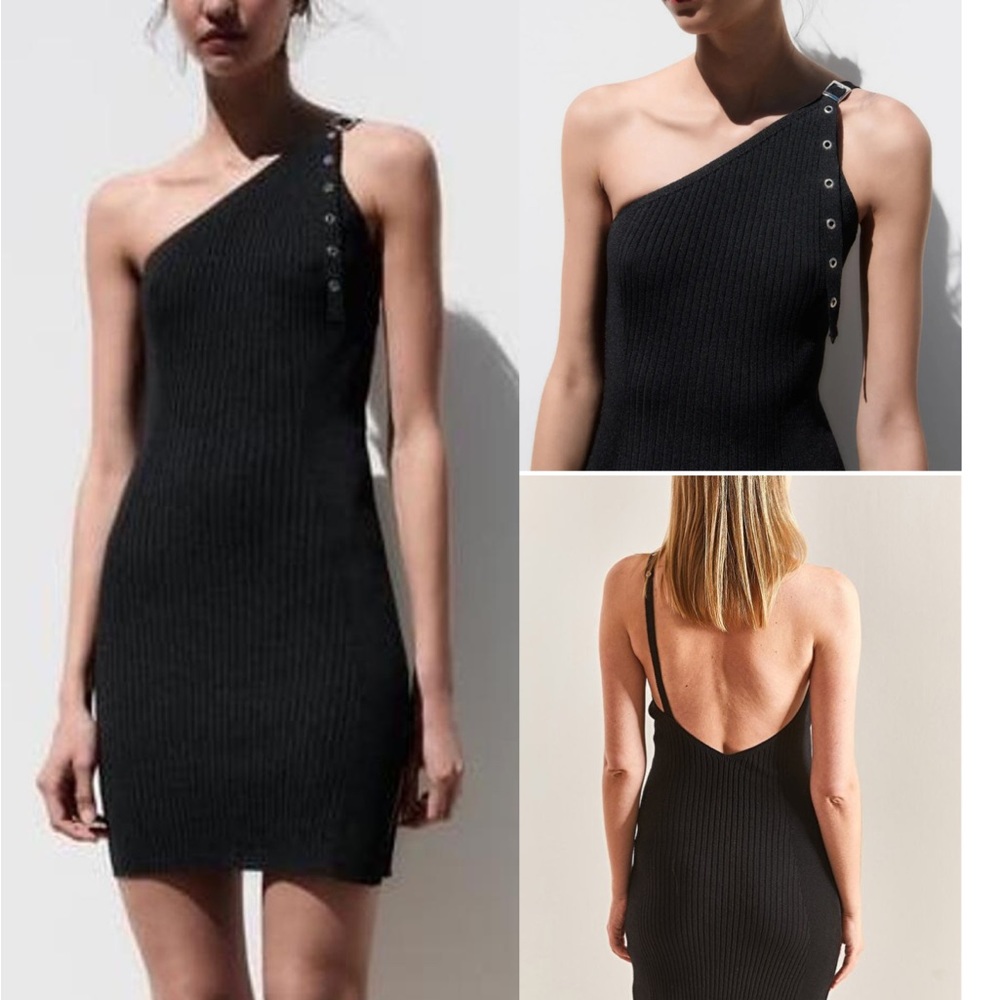 ZARA Buckle Asymmetric Rib Knit Mini Dress LBD